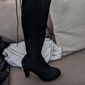 Women Pull On Over the Knee Boots Black Suede Size 6.5 Tie Back Comfy Block Heel